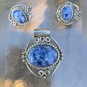 Vintage Blue Stone Jewelry Set Pierced Earrings, Pendant